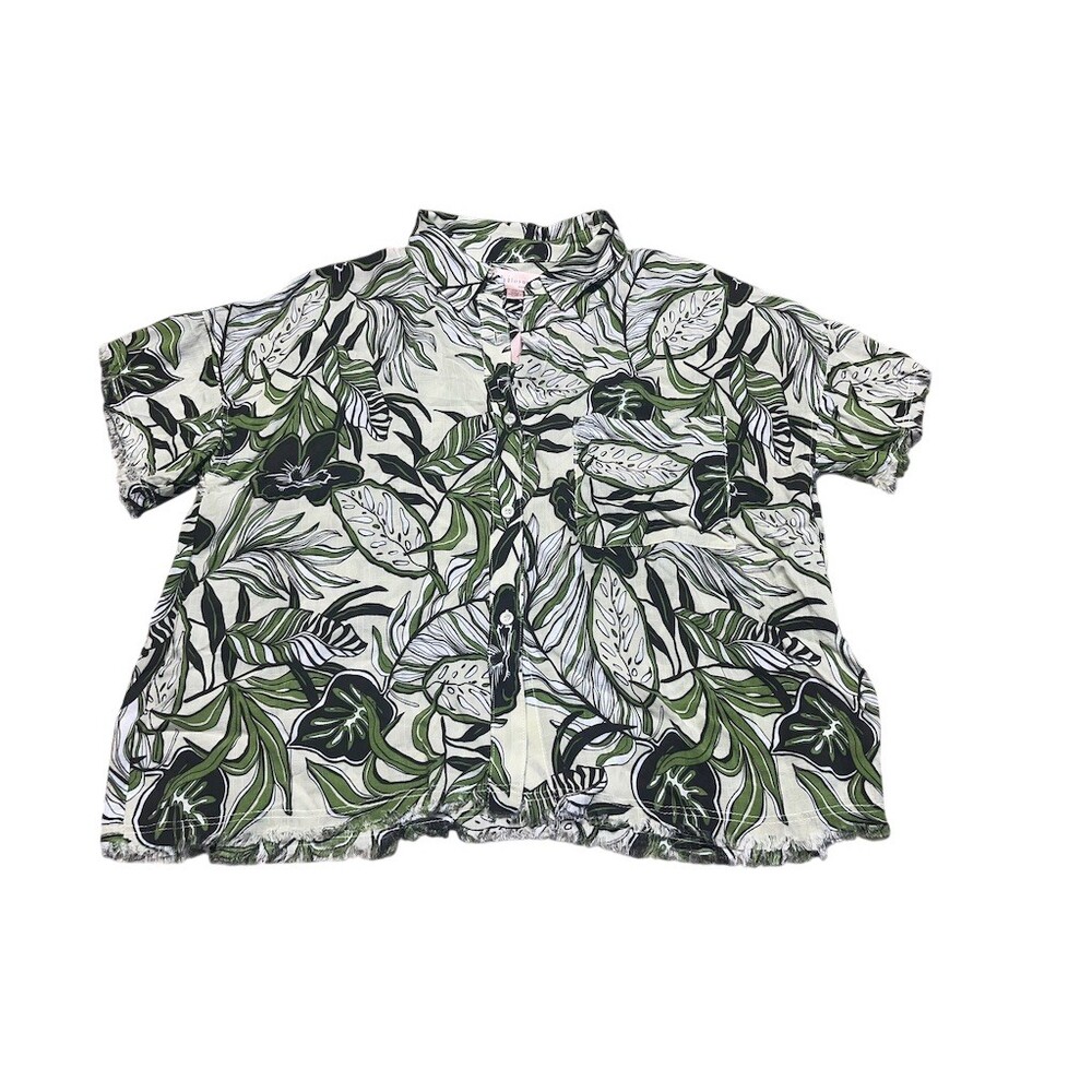 Philosophy Button-Up Shirt Womens Size M Tropical Leaf Print Frayed Hem‎